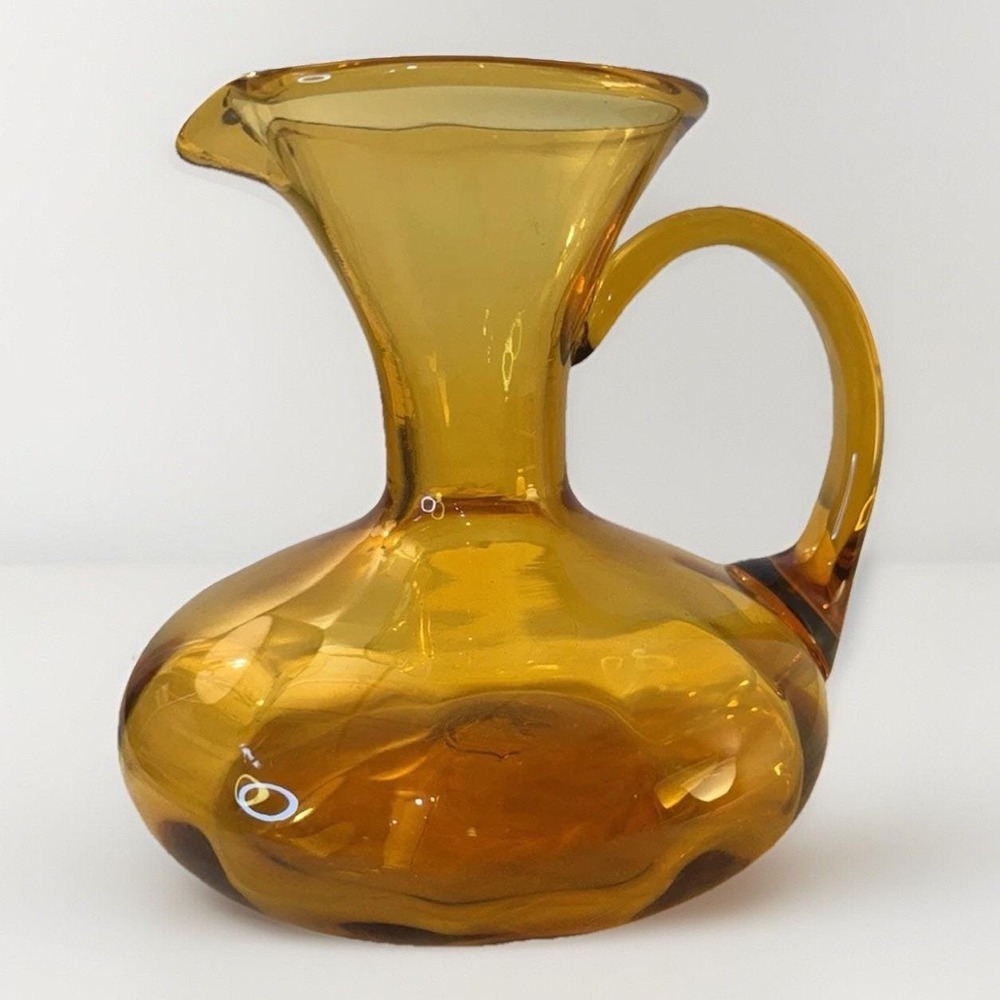 VTG Amber Glass Pitcher Squat Vase 70s 80s Carafe 5" MCM Boho Decor Rainbow